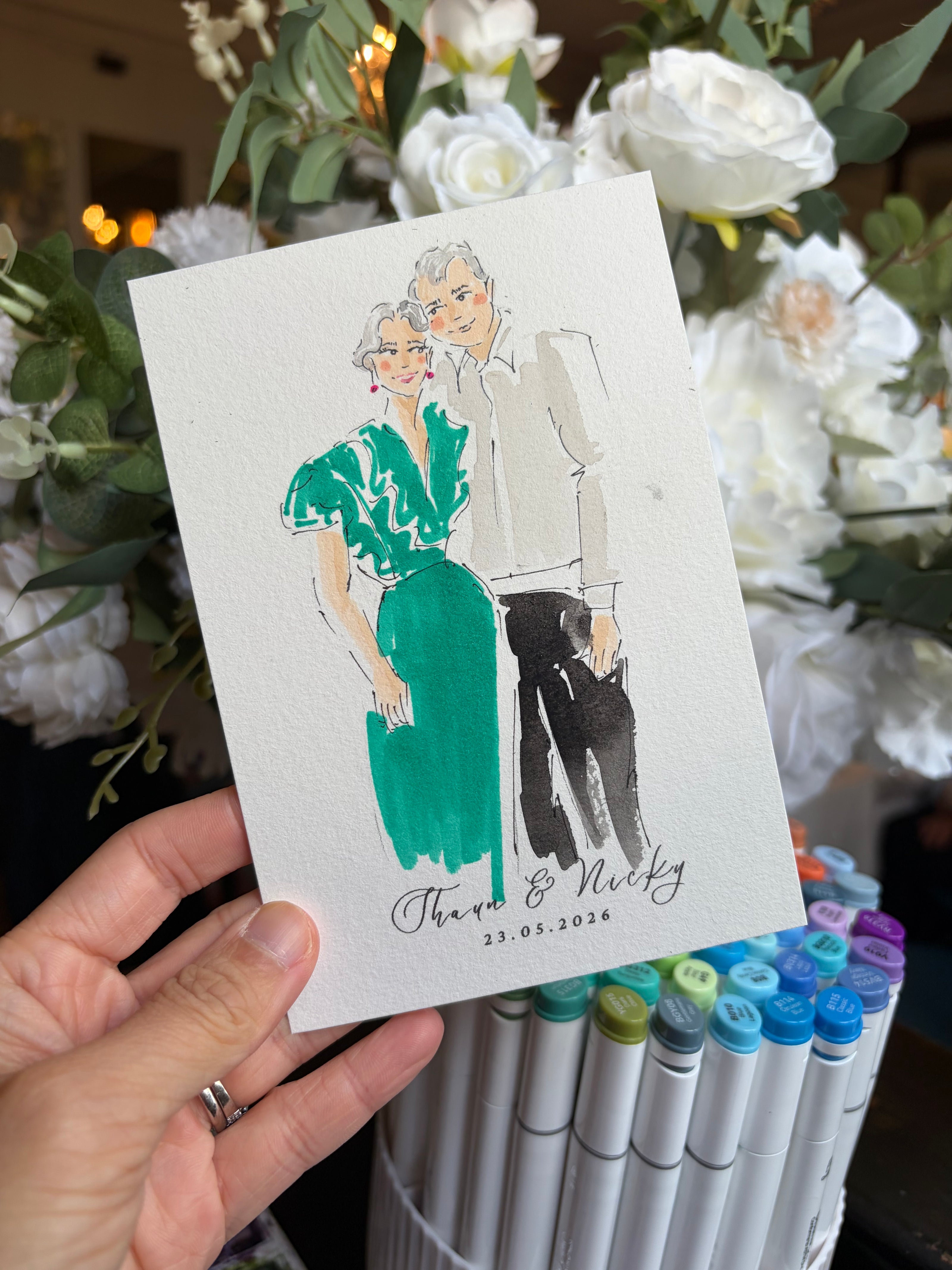 Hand-drawn card with illustration of wedding guests