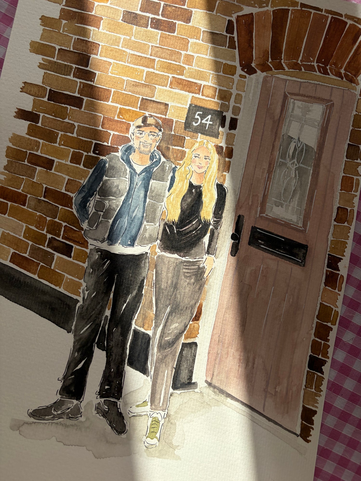 Watercolour Illustration of a couple standing outside their new home
